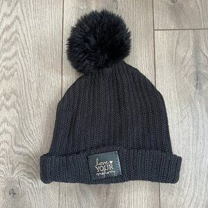 Love Your Melon Black Knit Cuffed Pom Beanie Hat